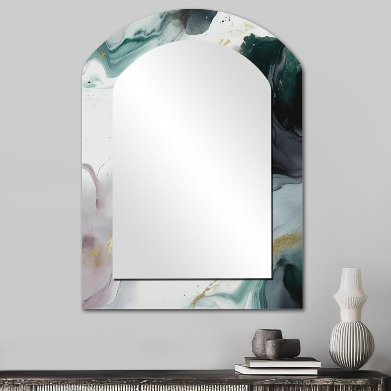 «Green and White Contemplative Abstraction II», miroir mural asymétrique décoratif en marbre, 34 po x 25 po
