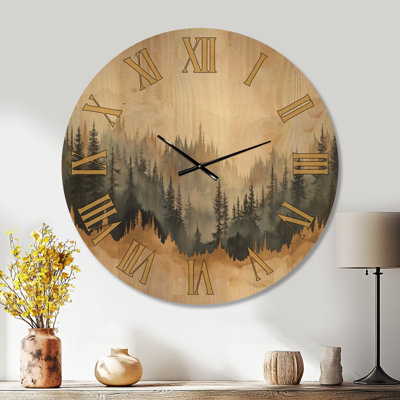 Horloge murale ronde Golden Mist Pine Forest II - Lodge, imprimée sur bois