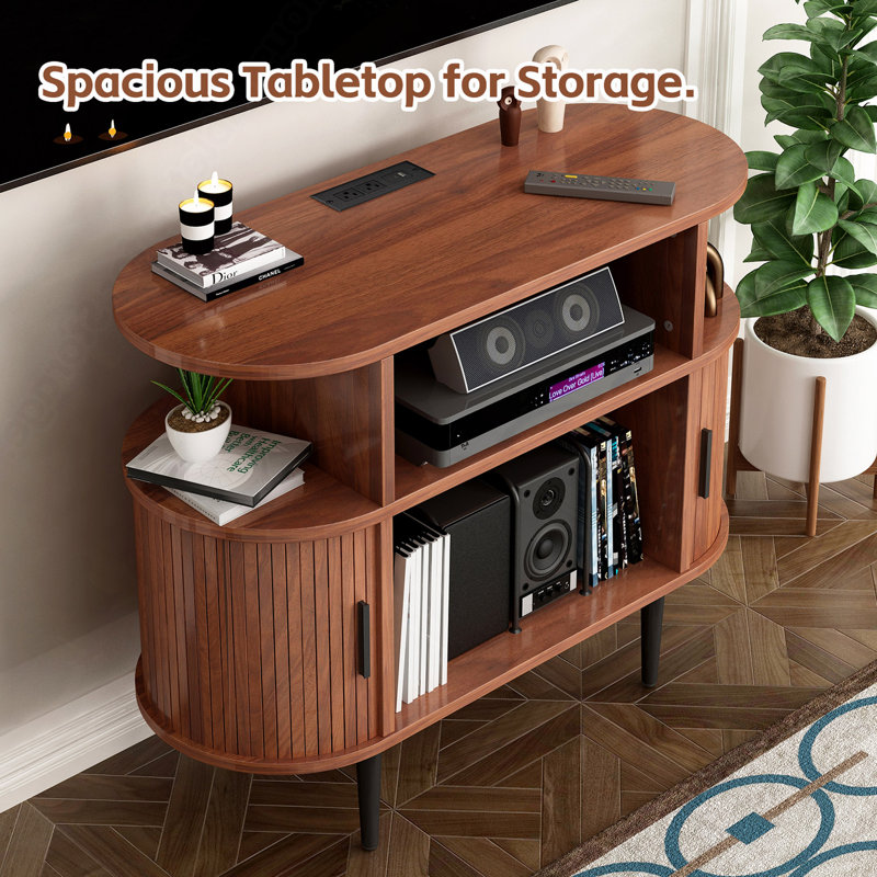 Grand support de tourne-disque rond avec station de charge et ports USB, armoire de rangement de disques, support de table tournante moderne Mid-Century pour le salon de la chambre à coucher