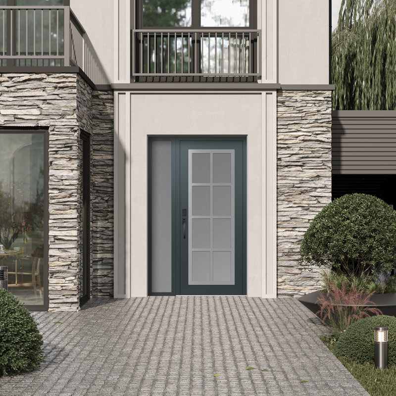 C16 droitier 48 po X 80 po Panneau d'entrée en acier argenté anthracite et verre givré anthracite avec porte d'entrée pré-montée en verre givré Sidelite