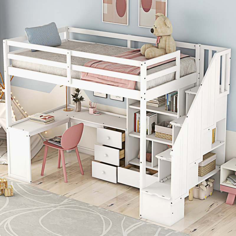 Lit mezzanine avec bureau en L et tiroirs, Blanc