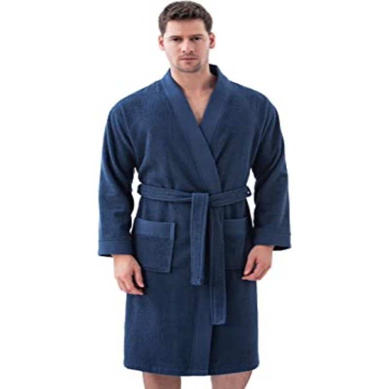Peignoir turc en coton pour hommes, peignoir kimono en ratine, long texturé, garniture en tissage de riz - kimono, Marine, S