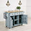 Îlot de préparation mobile gris et bleu pour la salle à manger, surface de travail pliante en bois d'hévéa, supports de rangement pour porte intégrée, 1 armoire fermée et 3 tiroirs, 5 roulettes à roulement en douceur