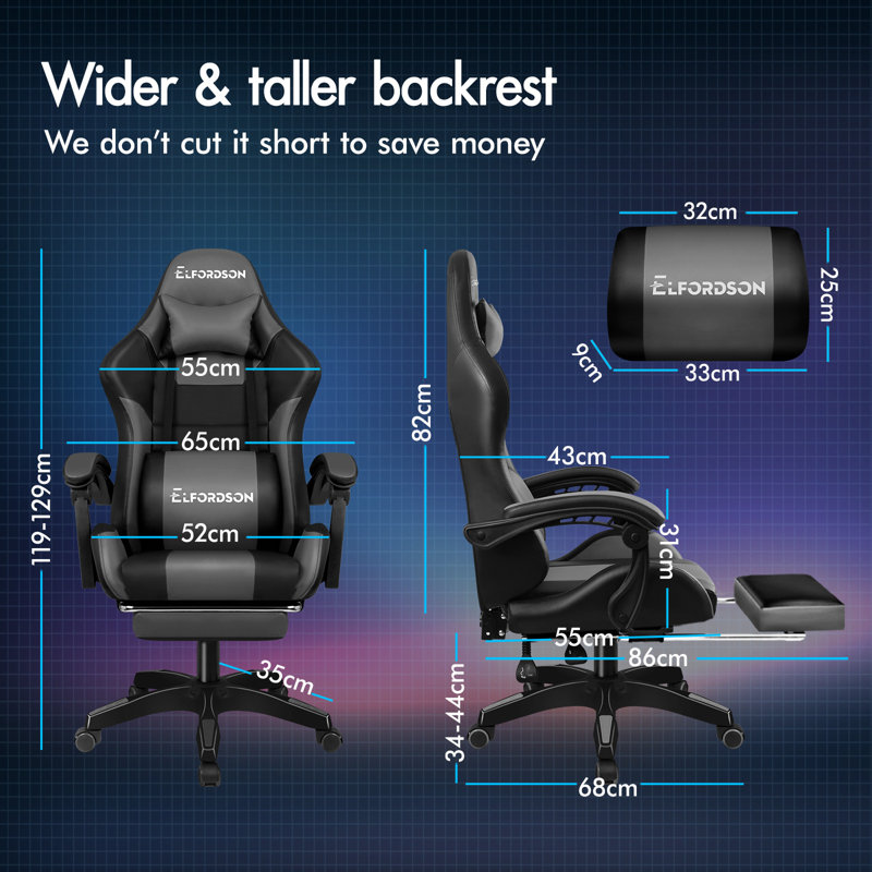 Brayden Studio Nylon Gaming Chair with Headrest, Grey, Grey