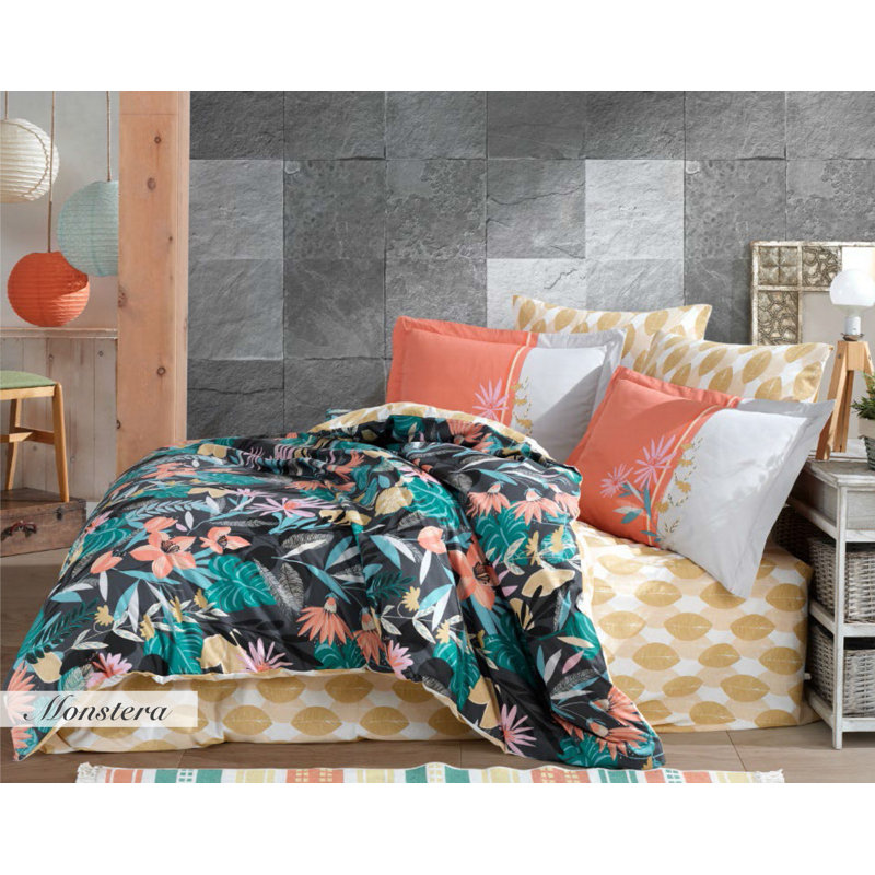 Ensemble de housse de couette 100% coton Medea vert / jaune / orange, Housse de couette double TG + 3 pièces supplémen