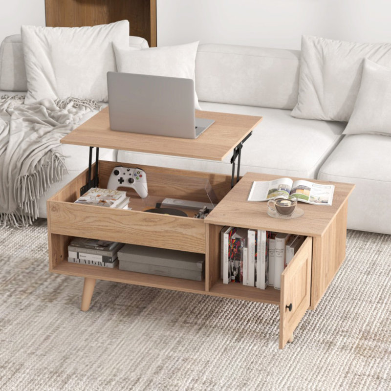 Table basse à plateau relevable avec rangement et compartiment caché, Naturel