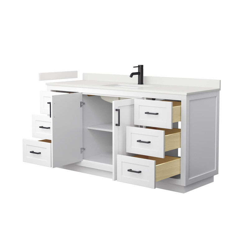 Meuble-lavabo simple autoportant de 66 po avec plateau en quartz Miranda, Quartz blanc, Blanc, Noir mat