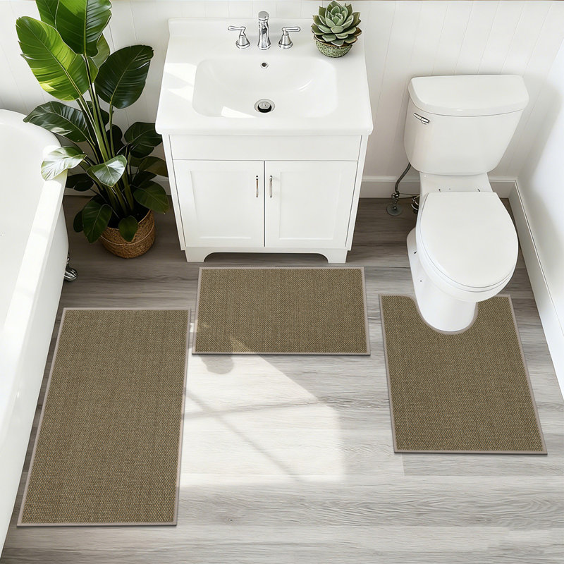 3 Piece Soft Absorbent Microfiber Bath Rug Set With Non-Slip Backing, Gold/Gray