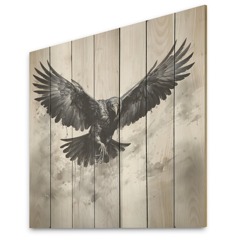 Impression d'un corbeau gris et noir en vol I - Animal corbeau sur bois, H 25 po x l 25 po