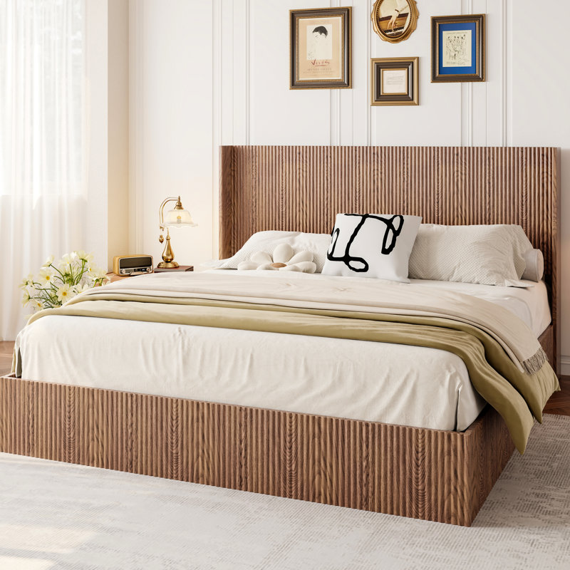 King Size Bed Frame In Walnut Color, Made Of Composite And Iron, Easy Assembly, Ample Storage Under Pine With Natural Wood Texture, Large Grooved Undulating Lift Storage, Stainless Steel Connection
