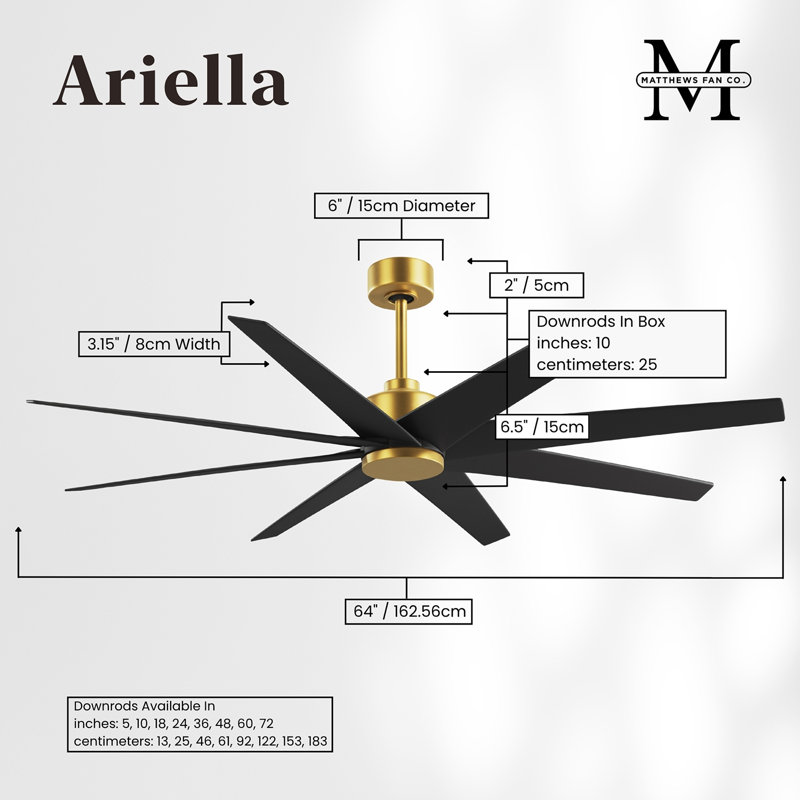 Ariella - Eight Blade Ceiling Fan - Brushed Brass Finish - Matte Black Blades, Brushed Brass, Matte Black