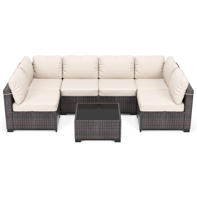 Ensemble de meubles d'extérieur en rotin 7 pièces avec coussins moelleux détachables, Beige, Brun