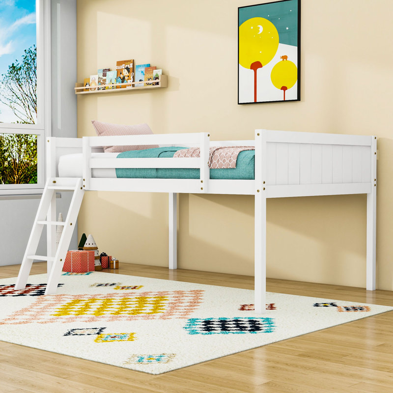 Lit mezzanine bas en bois avec échelle, l'échelle peut être placée à gauche ou à droite, Double , Blanc