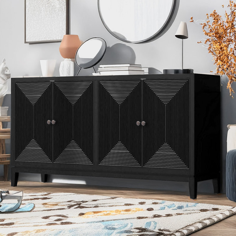 Sleek Storage Cabinet Sideboard Buffet With Vertical Line Design,buffet table,credenza, Black