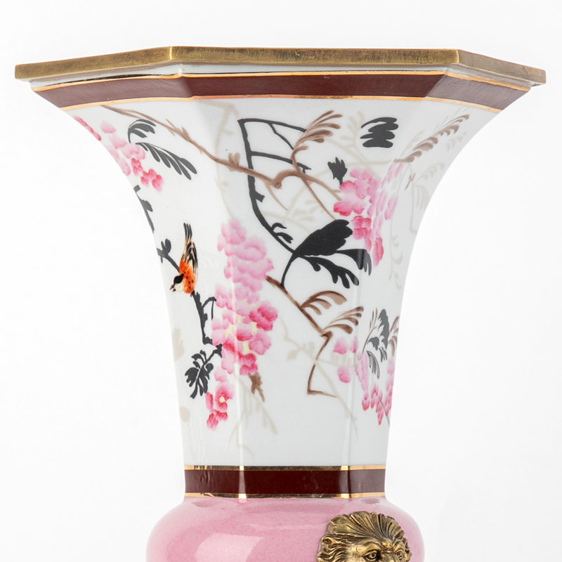 Pastel Bird Hexagon Porcelain Vase with Bronze Ormolu