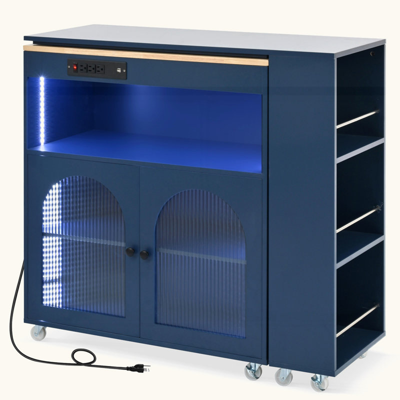 Navy Blue Rolling Kitchen Island with Fluted Glass Doors