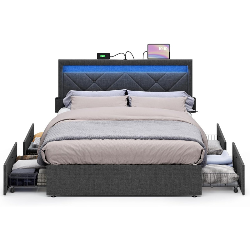 LED Bed Frame Full Size, 37.1/39.6 Inches, with Headboard and 4 Drawers, 1 USB Port and 1 Type C Port, Adjustable Upholstered Headboard, No Box Spring Needed, Dark Gray