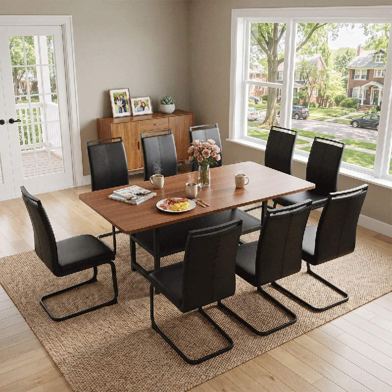 Ensemble de table de salle à manger rectangulaire pour 8 personnes, ensemble de table de salle à manger 71 po avec 8 chaises rembourrées et tablette de rangement, plateau de table en bois avec structure en métal noir
