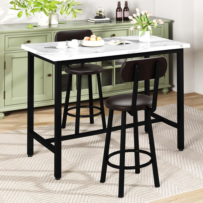 Space-Saving 39" Bar Table Set for 2 with PU Leather Stools - White Marble MDF Counter Height Dining Set