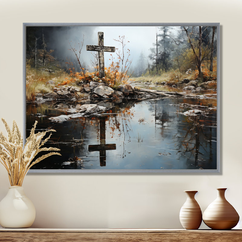 Art, toile, paysage, H 16 po x l 32 po x P 1 po, Encadrement argenté
