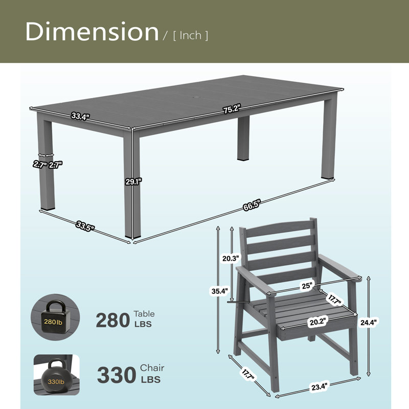 Table et chaises de salle à manger d'extérieur standard 7 pièces, Gris