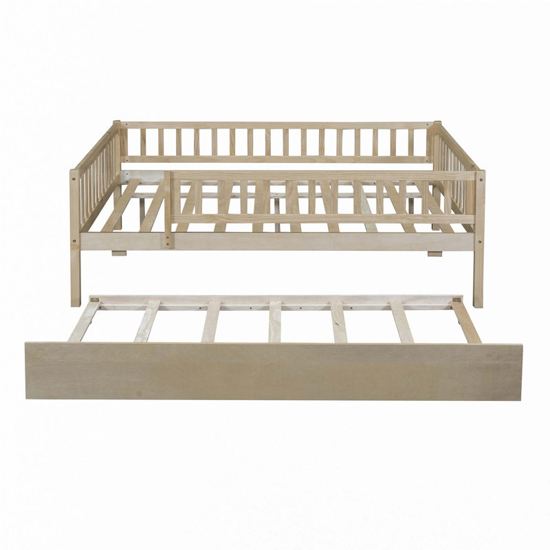 Lit de jour en bois avec couchette et garde-corps, Double, Naturel