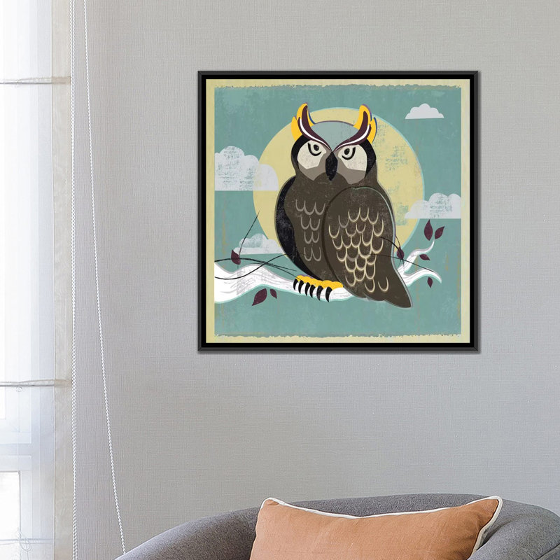 «Perched Owl», reproduction sur toile, H 26 po x l 26 po x P 1,5 po, Toile avec cadre flottant noir, Pas de tapis