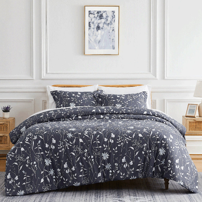 Secret Meadow Microfiber Reversible Duvet Cover Set, Dark Blue Floral 1, King Duvet Cover + 2 King Shams