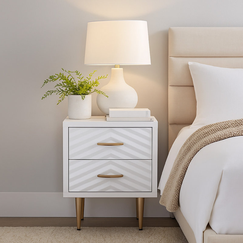 Table de chevet Tru, 2 tiroirs, bois d'acajou blanc moderne, pieds en métal doré
