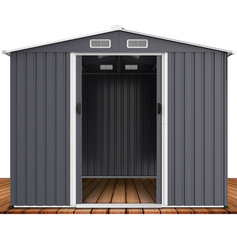 8 X 12 Ft Outdoor Metal Storage Unit - Weather & Spacious Sliding Doors Ventilation Store Tools Backyard Grey Heavy Duty Shed Material With Corrosion Resistance Air Vent Backyard, Patio
