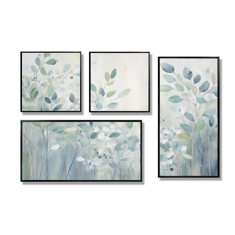 «Blue Botanical Rhythms IV - Abstract Botanicals», art mural sur toile 4 pièces, Impression encadrée sans passe-partout, Noir