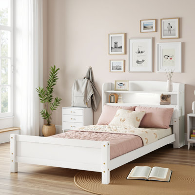 Useful Bookcase Headboard Wood Bed with LED Motion Sensor Light and Safety Guardrails