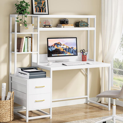 55 Inches White Computer Desk With Hutch, 2 Drawers & Open Shelves – Modern Home Office Desk For Study And Gaming
