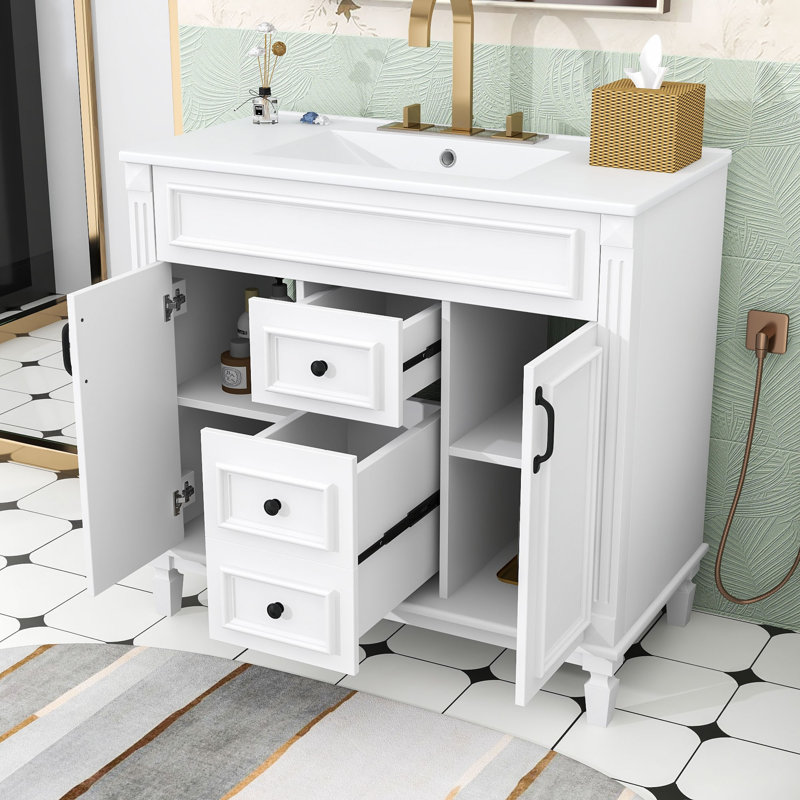 Ensemble de meuble-lavabo simple autoportant avec lavabo et rangement Elliesha, Blanc