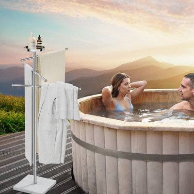 59 Inch Outdoor Towel Rack With Weighted Base 18/8 Stainless Steel With Adjustable 3 Arms, Storage Tray & 6 Towel Clips