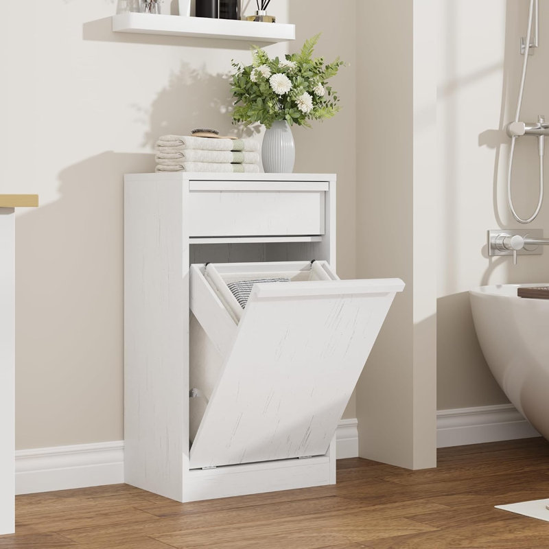 Meuble à linge basculant de style ferme - Rangement simple en bois avec tiroir et panier - Poubelle dissimulée de 38 litres - Organisateur pour salle de bain et cuisine - Blanc antique, meuble simple