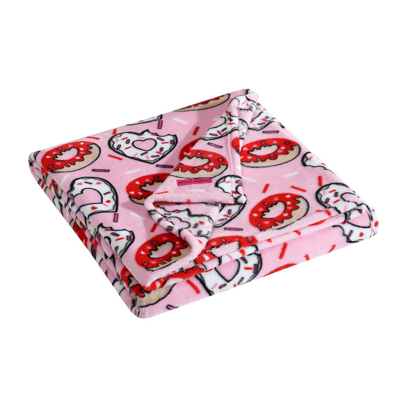 Betsey Johnson Printed Ultra Soft Plush Fleece Blankets, Jeté, Donut Hearts - rose