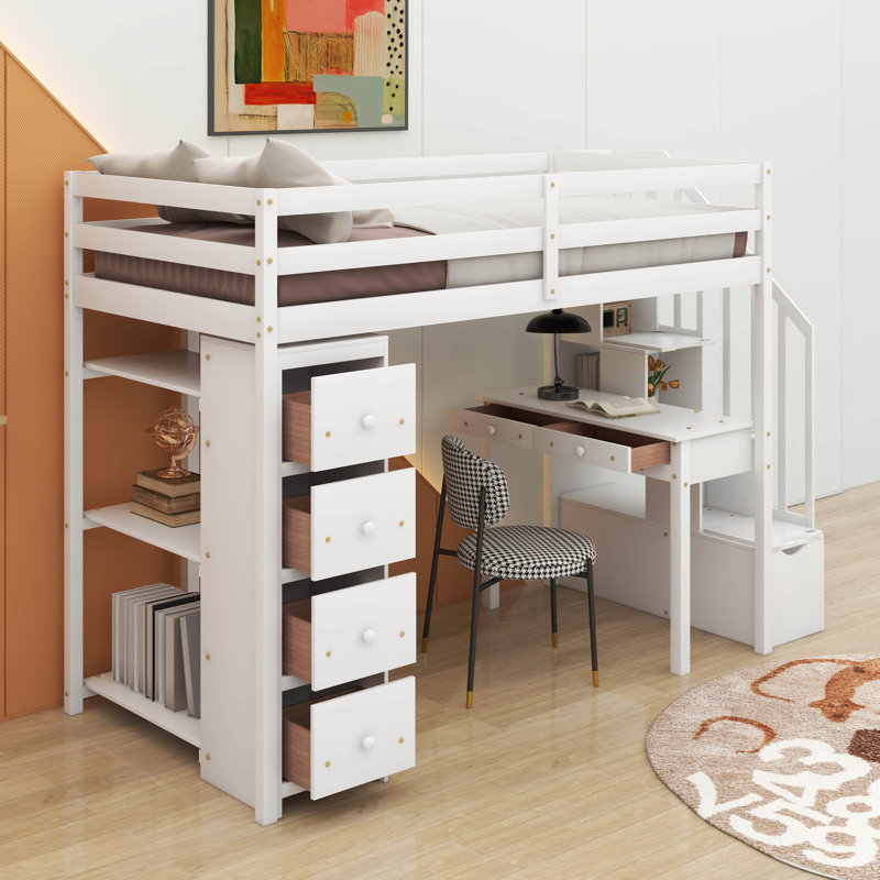 Twin Loft Bed With Drawers,Desk And Stairs, White