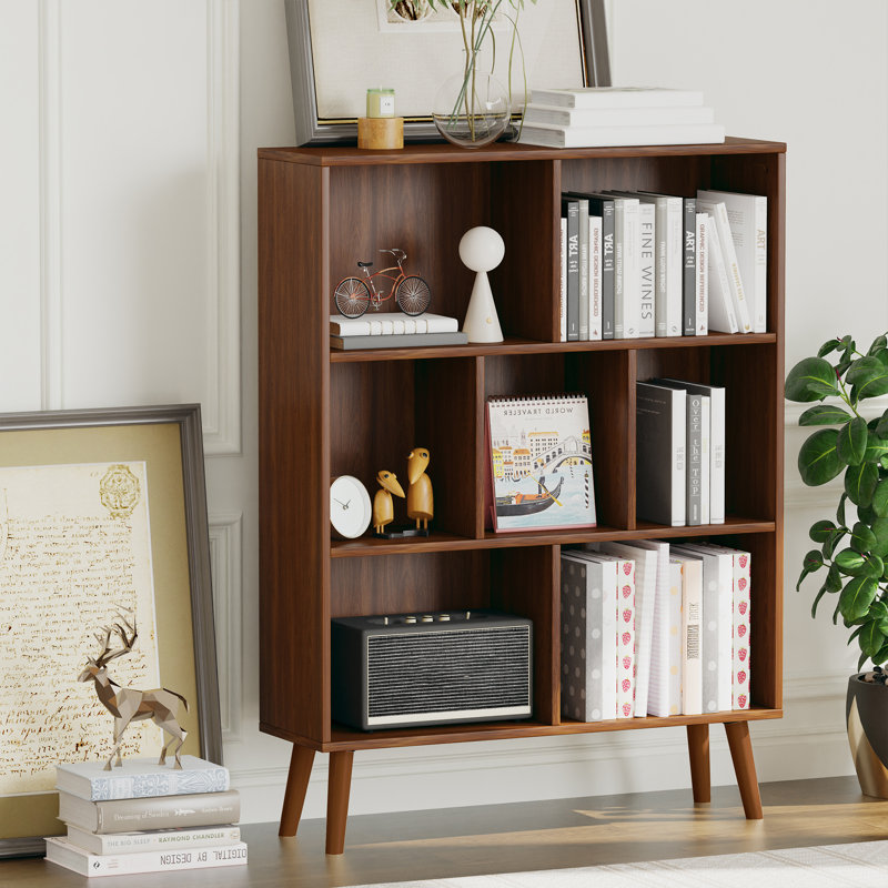 Jaen Solid and Manufactured Wood Cube Bookcase, Columbia Walnut, (7 Shelves) 42.5" H x 31.5" W x 9.4" D  