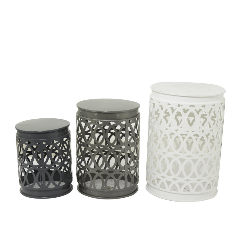 Metal Indoor Outdoor Nesting Side End Accent Table with Carved Trellis Design, Gray/White