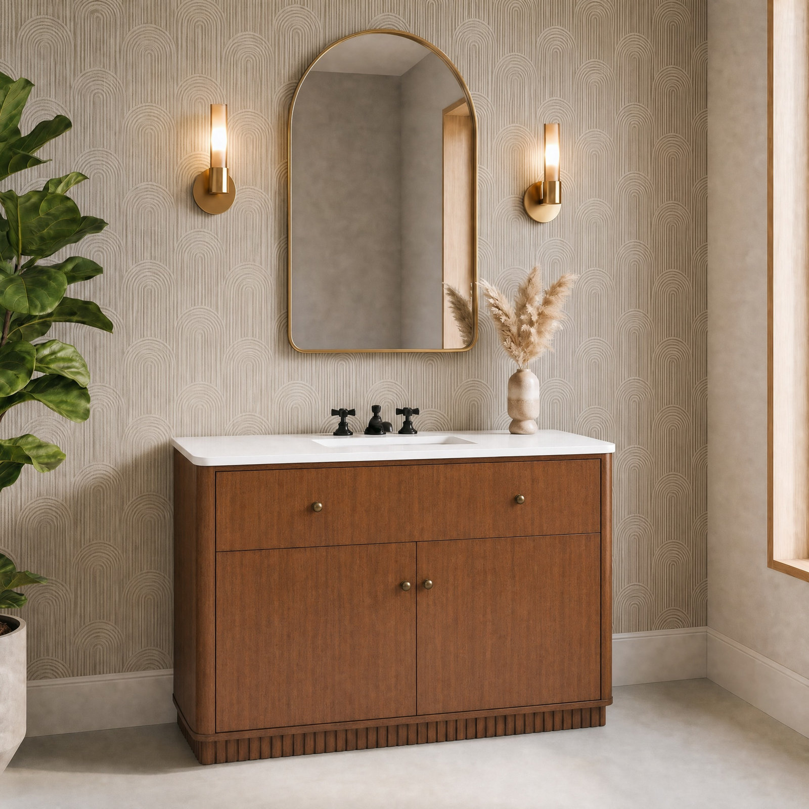 Duncan Oak Carved Plinth Bathroom Vanity with Quartz Top, 48"