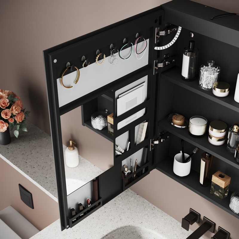 48.5 mm W 70 mm H Mirrored Bathroom Cabinets 2 Shelves with Mirror, Black