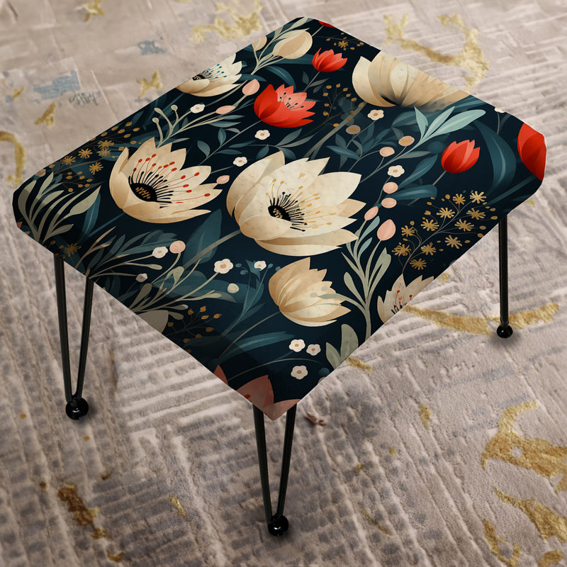 Ivory & Red Coastal Serene Floral Pattern - Floral Rectangle Ottoman