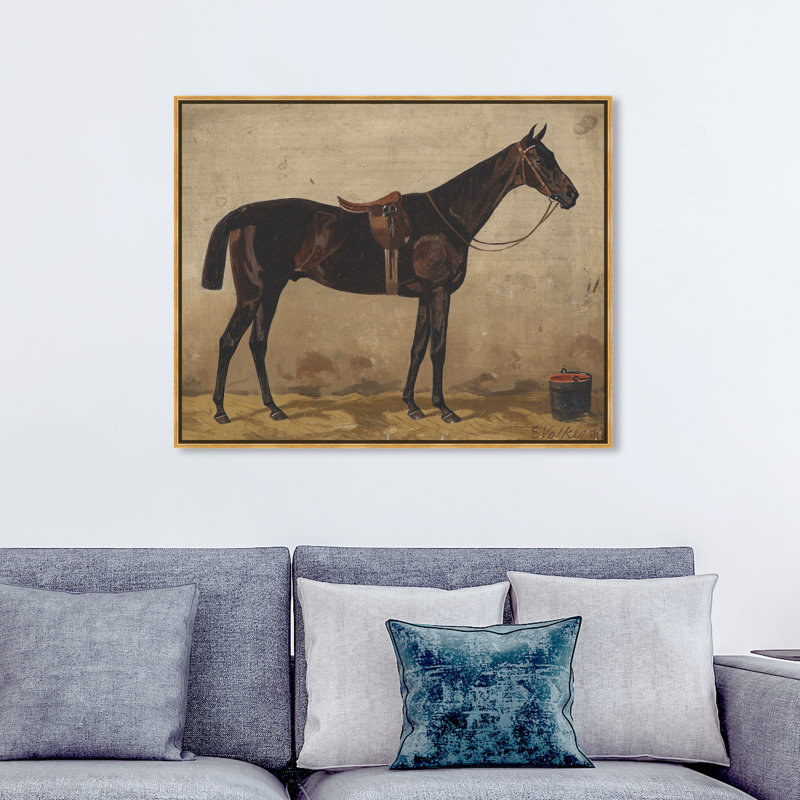 Brauner Im Stall Farm Animals by Emil Volkers - on Canvas, 36" H x 45" W, Gold Framed Canvas