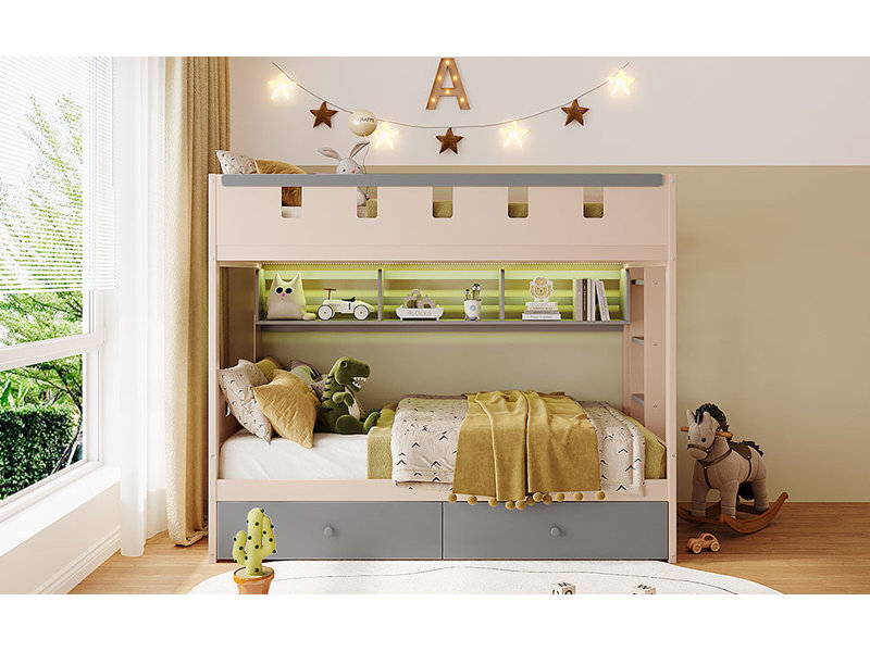 Lit simple superposé de style château avec 2 tiroirs, tablette et DEL, gris, Gris, Lit simple