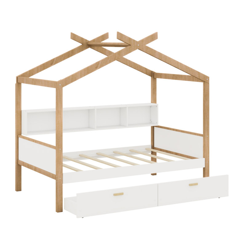 Lit maison avec deux tiroirs et espace de rangement pour bibliothèque