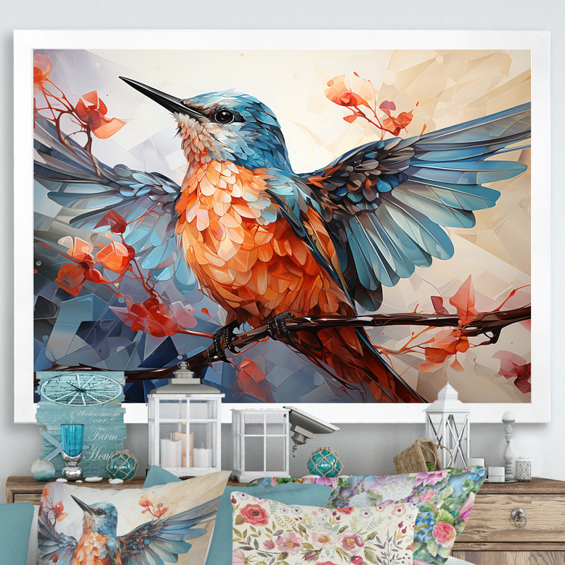 Oiseaux géométriques dans un ciel cubiste - Reproduction d'art mural oiseau, H 24 po x l 32 po x P 1 po, Cadre simple blanc