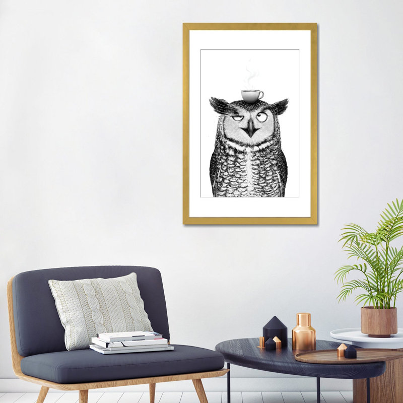 Hibou avec cappuccino, reproduction d'art sur papier encadré, 32" x 24", Papier encadré, Gold