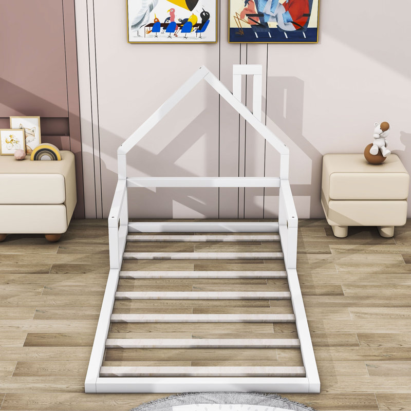 Wood Floor Bed with House-shaped Headboard, White, Twin