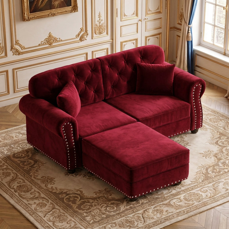 Canapé Chesterfield de 63 po de style Mid-Century moderne avec garniture cloutée, accoudoirs roulés, capitonné et 2 coussins